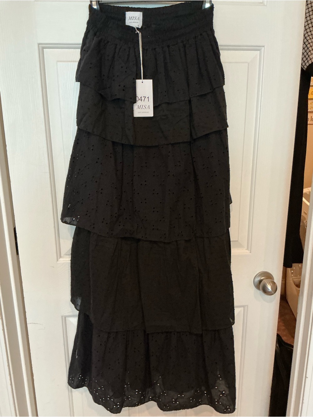 Misa Los Angeles Black Tiered Eyelet Maxi Skirt